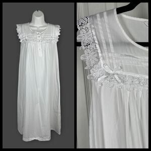 Cottonreal Ladies White 100% Cotton sleeveless floral lace nightdress Medium